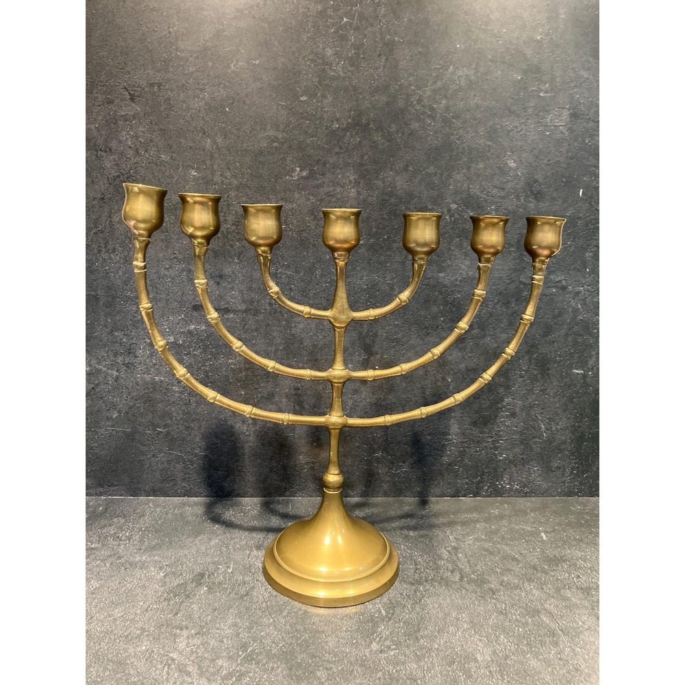 Vintage Brass 7-Arm Menorah: Bamboo‎ Style Hanukkah Candelabra